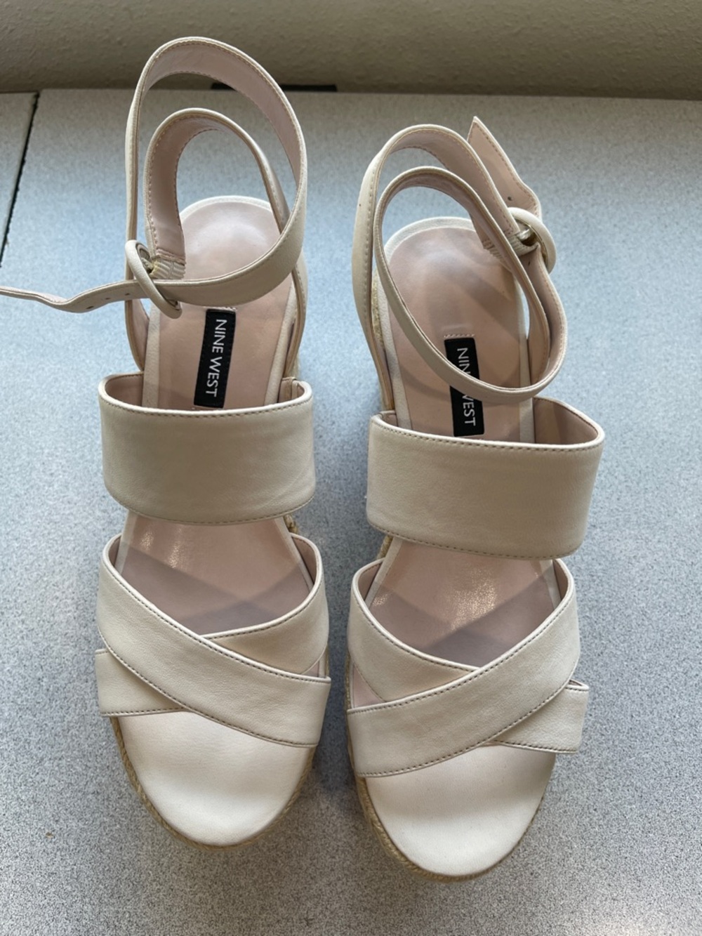 Nine West Cream Strappy Ankle-Wrap Wedge Sandals. Leather upper 9M